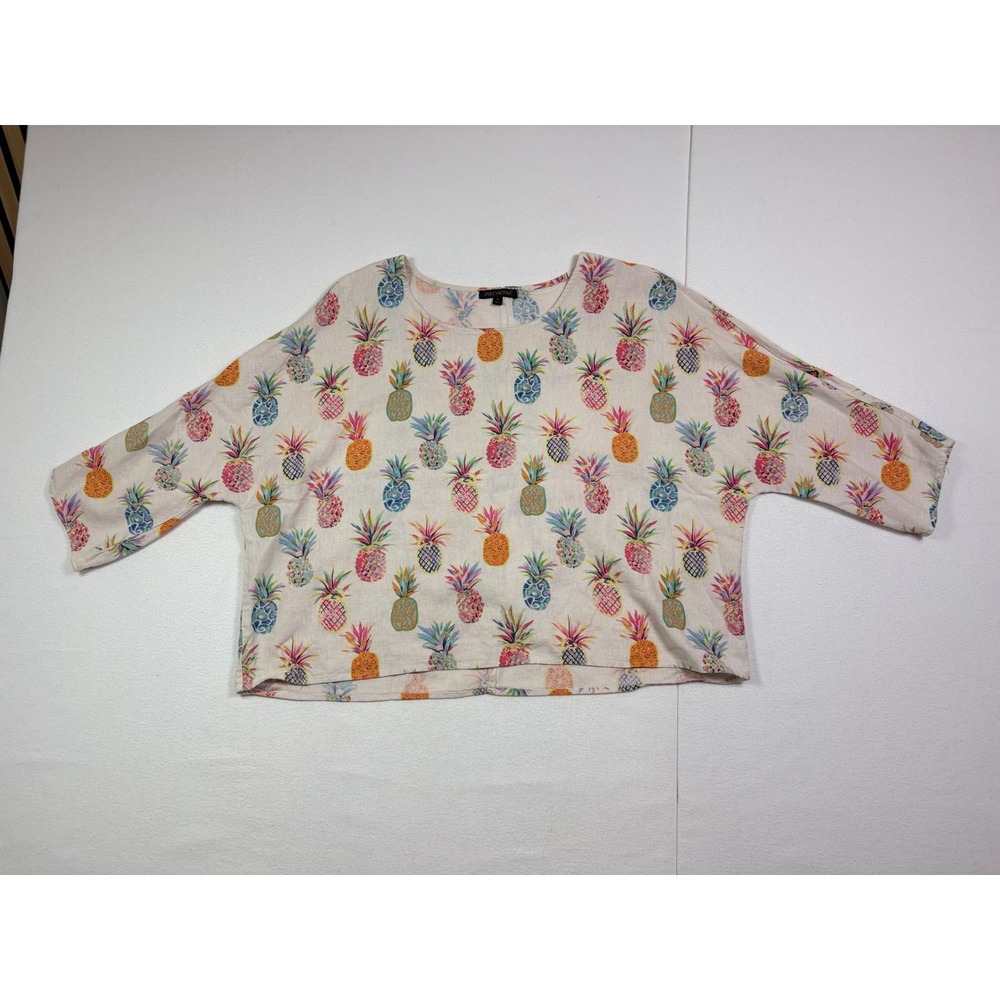 For Cynthia Womens Medium Linen Blend Pineapple Print Boxy 3/4 Sleeve Top Beige